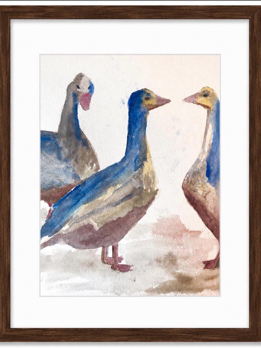 Original Watercolor Geese Trio Painting in Blue and Brown